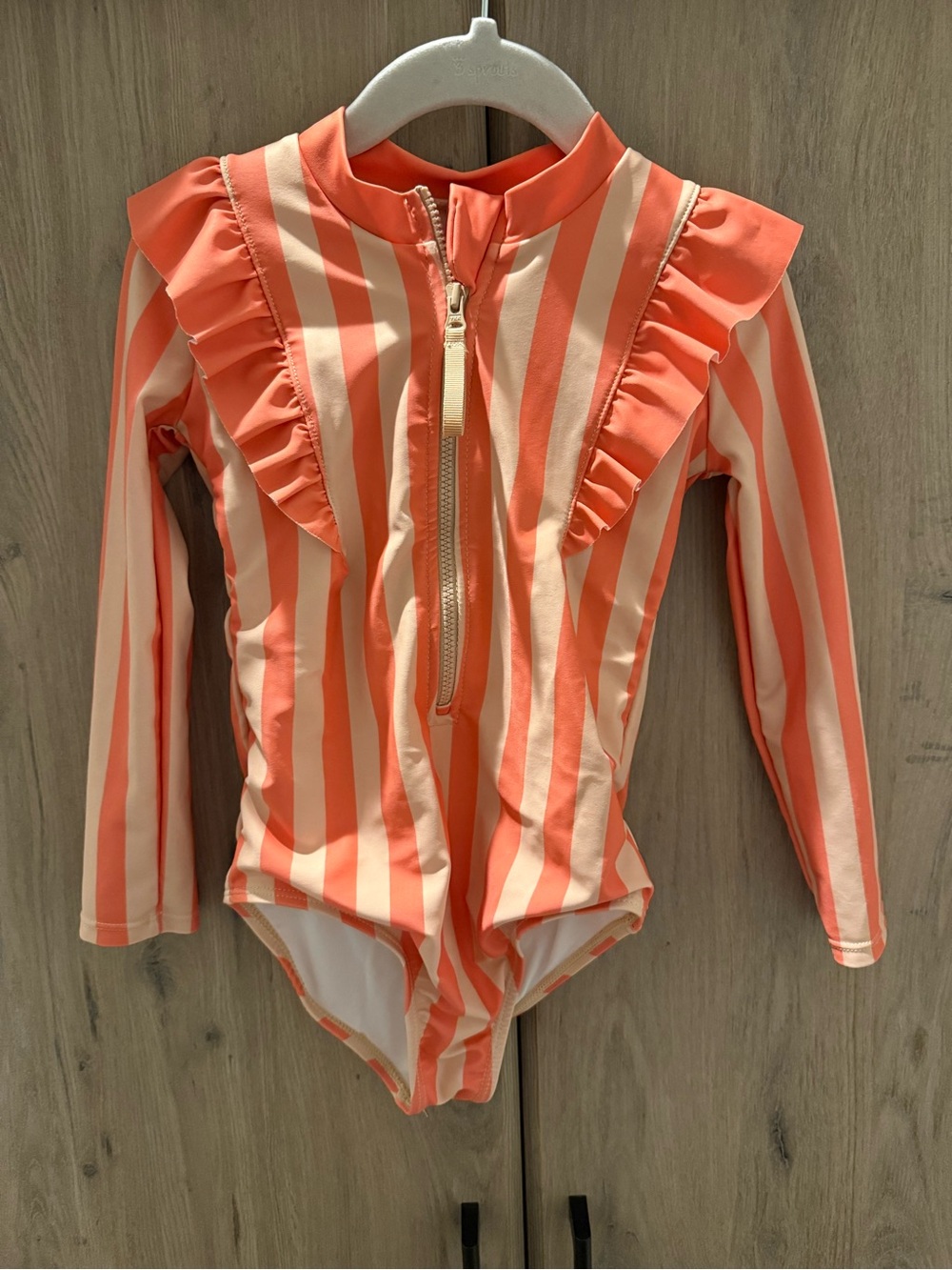 Pehr- Kids Striped Coral & Cream One-Piece Swimsuit with Ruffle Zip Front (2-3T)